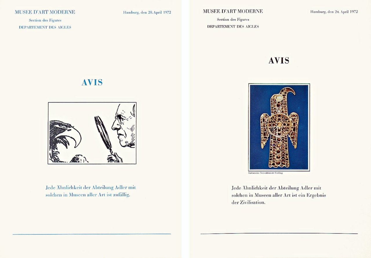 Auf diesem Bild ist das folgende Kunstwerk zu sehen: Marcel Broodthaers. „Six lettres ouvertes . Avis“. 1972.