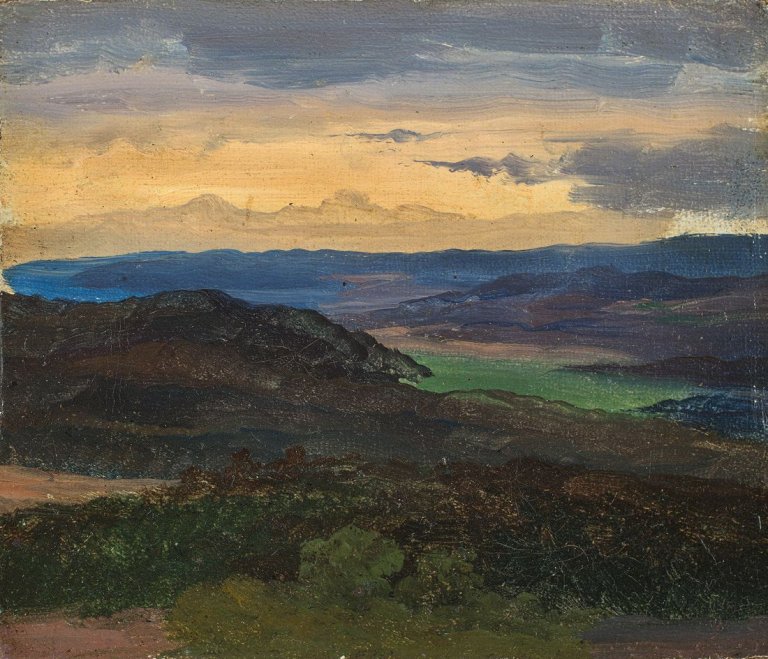 Auf diesem Bild ist das folgende Kunstwerk zu sehen: Friedrich Preller d. Ä.. Blick von der Wartburg bei Sonnenuntergang. 1841.