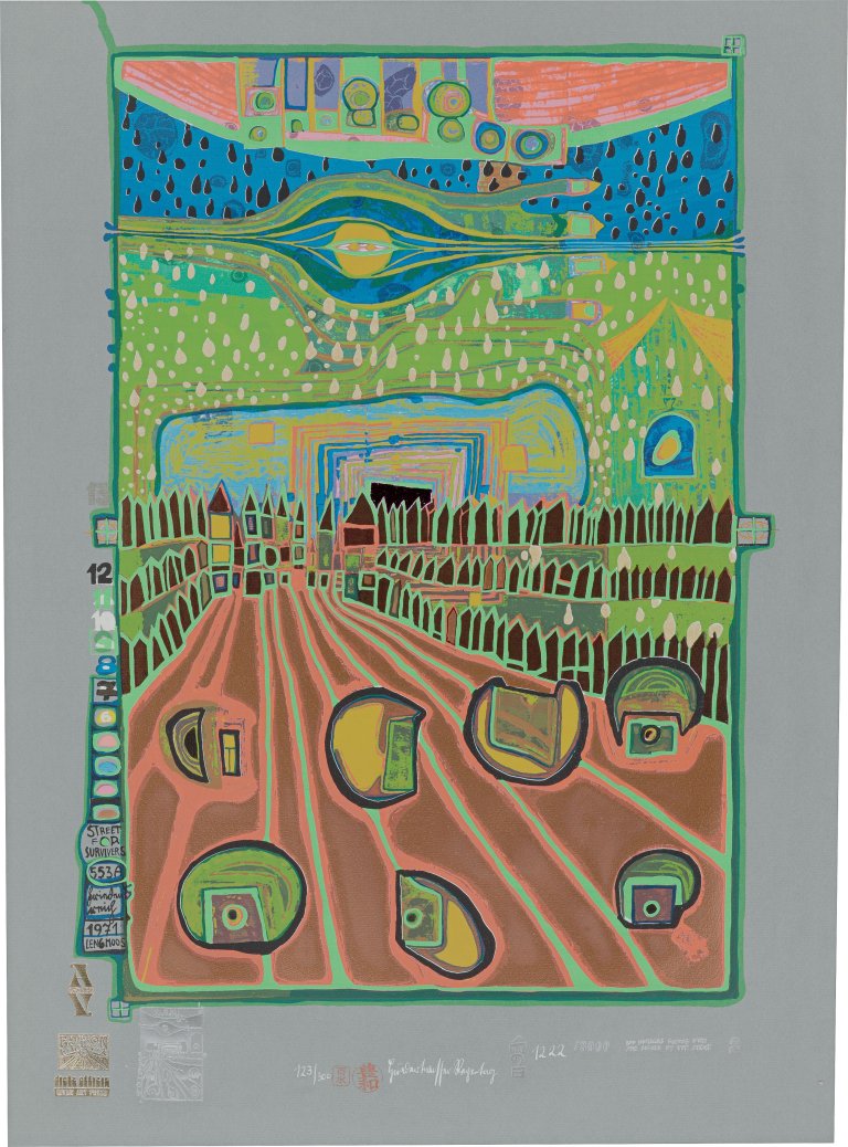 Auf diesem Bild ist das folgende Kunstwerk zu sehen: Friedensreich Hundertwasser. „Street for Survivors“. 1971.
