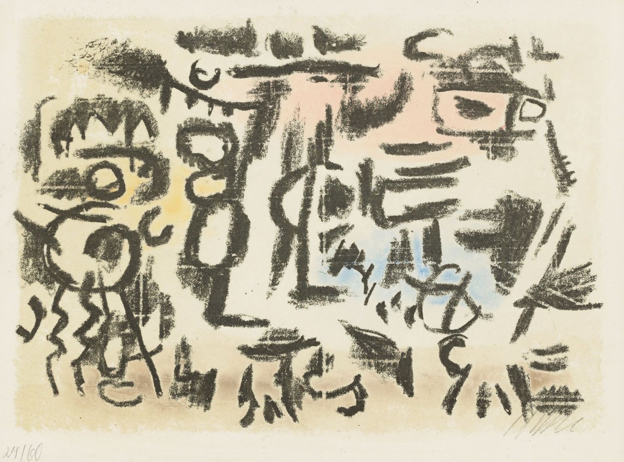 Auf diesem Bild ist das folgende Kunstwerk zu sehen: Willi Baumeister. „Erinnerungsblatt zur Stuttgarter Baumeister-Ausstellung mit dem Motiv 
