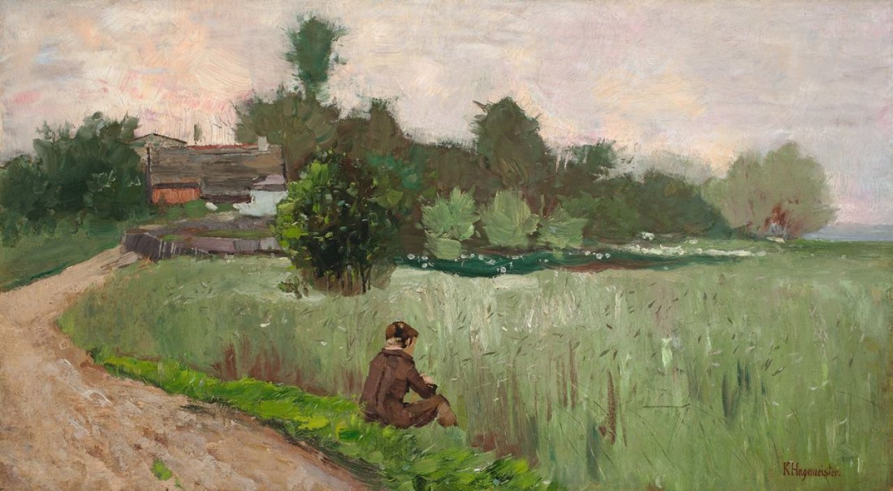 Auf diesem Bild ist das folgende Kunstwerk zu sehen: Karl Hagemeister. „Vor dem Dorfe – Knabe am Feldrand“. Um 1885.