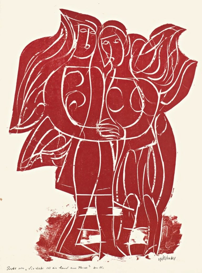 Auf diesem Bild ist das folgende Kunstwerk zu sehen: HAP Grieshaber. „Die Liebe ist ein Hemd aus Feuer“. 1978.