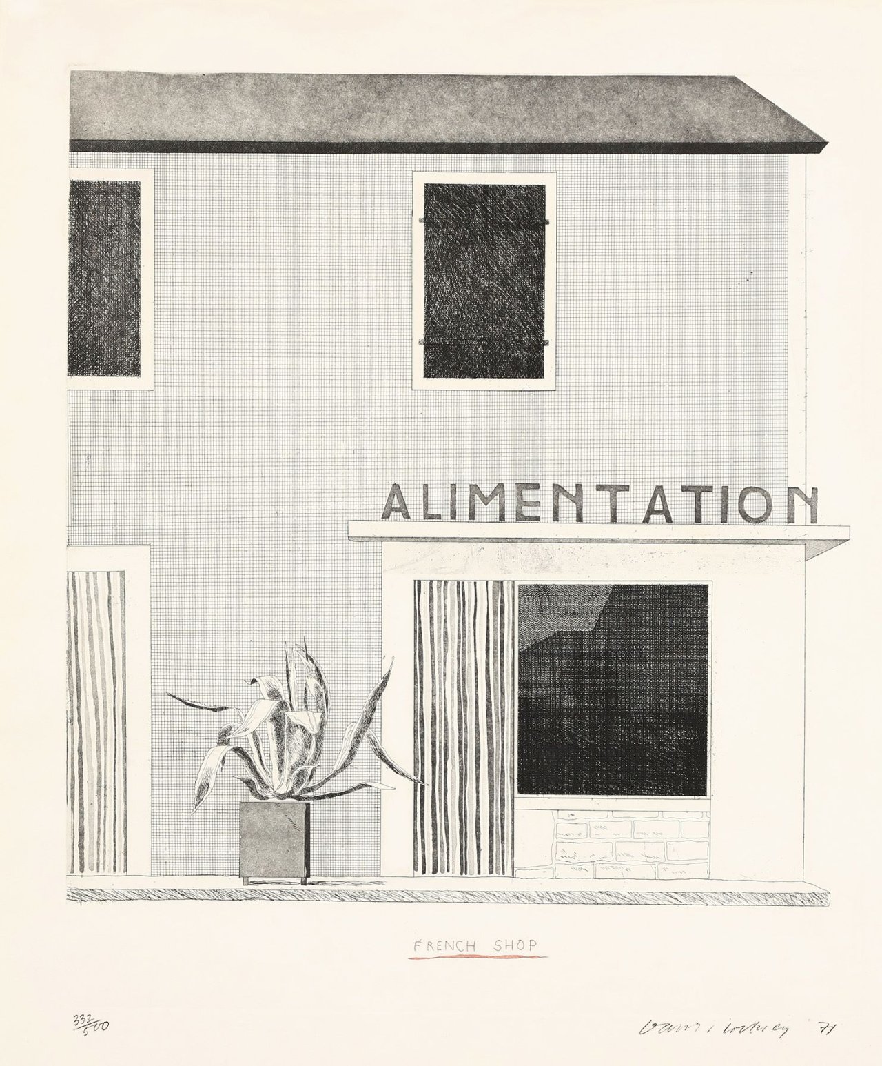 Auf diesem Bild ist das folgende Kunstwerk zu sehen: David Hockney. „French Shop“. 1971.