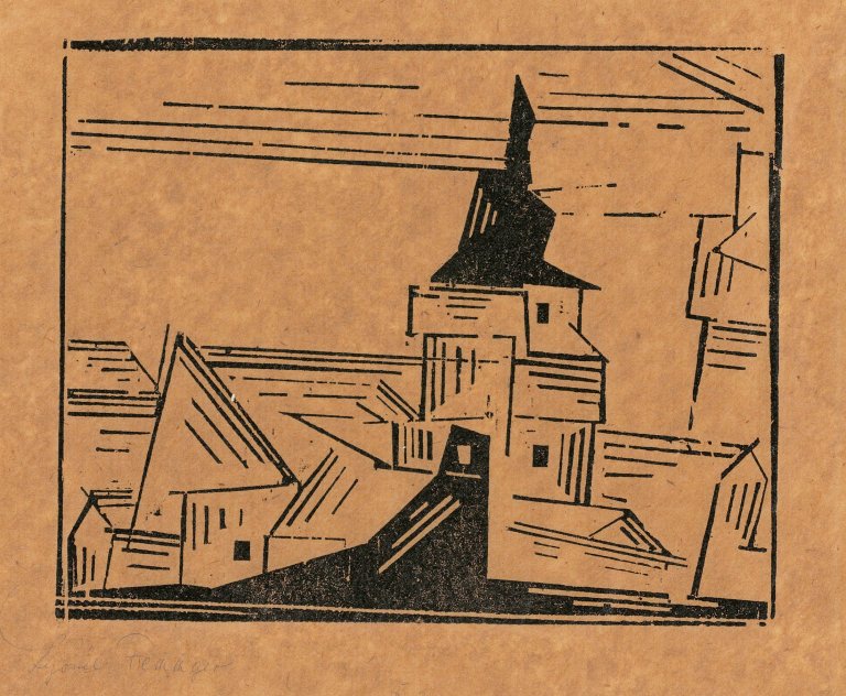 Auf diesem Bild ist das folgende Kunstwerk zu sehen: Lyonel Feininger. „Gelbe Dorfkirche 2“. 1921.
