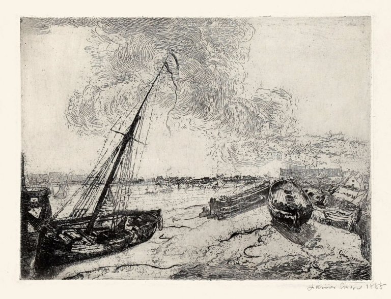 Auf diesem Bild ist das folgende Kunstwerk zu sehen: James Ensor. „Barques échouées“. 1888.
