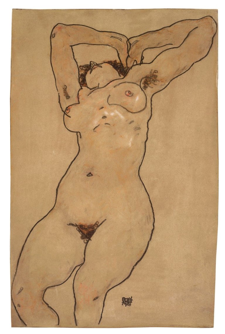 Auf diesem Bild ist das folgende Kunstwerk zu sehen: Egon Schiele. „Liegender Akt (Reclining Nude)“. 1918.