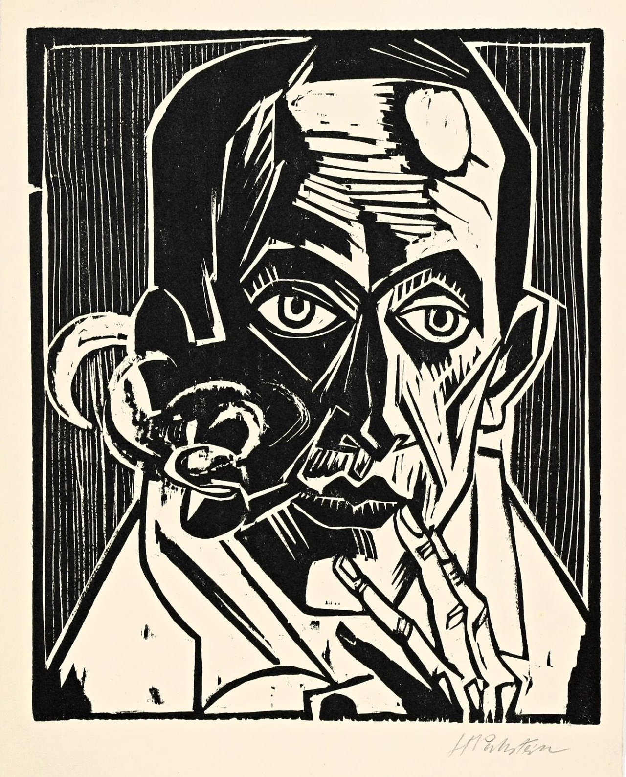 Auf diesem Bild ist das folgende Kunstwerk zu sehen: Max Pechstein. „Selbstbildnis mit Pfeife“. 1921.