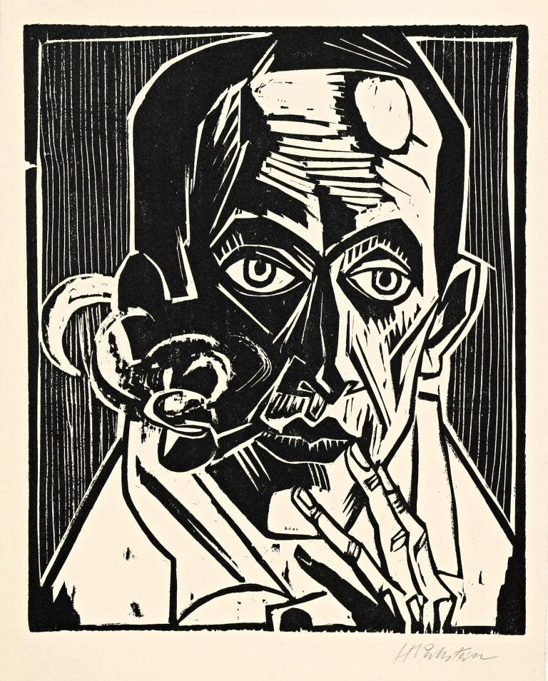 Auf diesem Bild ist das folgende Kunstwerk zu sehen: Max Pechstein. „Selbstbildnis mit Pfeife“. 1921.