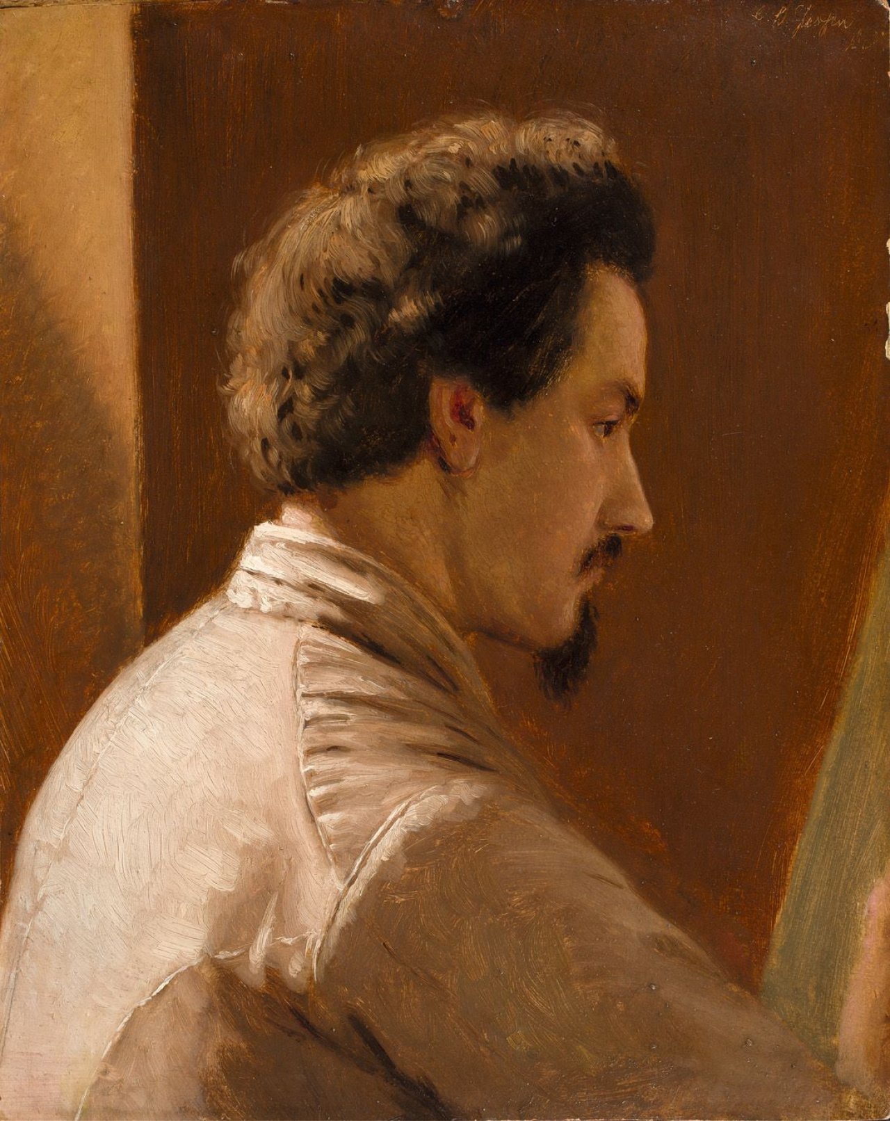 Auf diesem Bild ist das folgende Kunstwerk zu sehen: Carl Ludwig Jessen. Portrait eines Malers im Profil (Selbstportrait?).