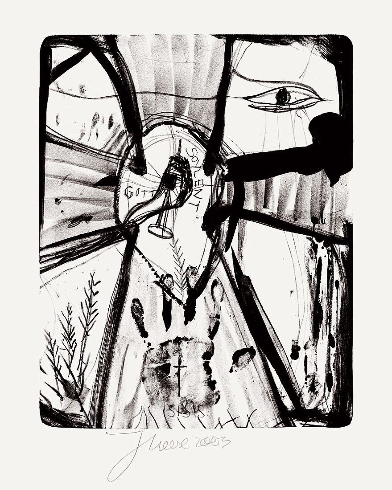 Auf diesem Bild ist das folgende Kunstwerk zu sehen: Jonathan Meese. „Der Isisgott“ / „Der Ordensgott“ / „Der Getreidegott“. 2003.