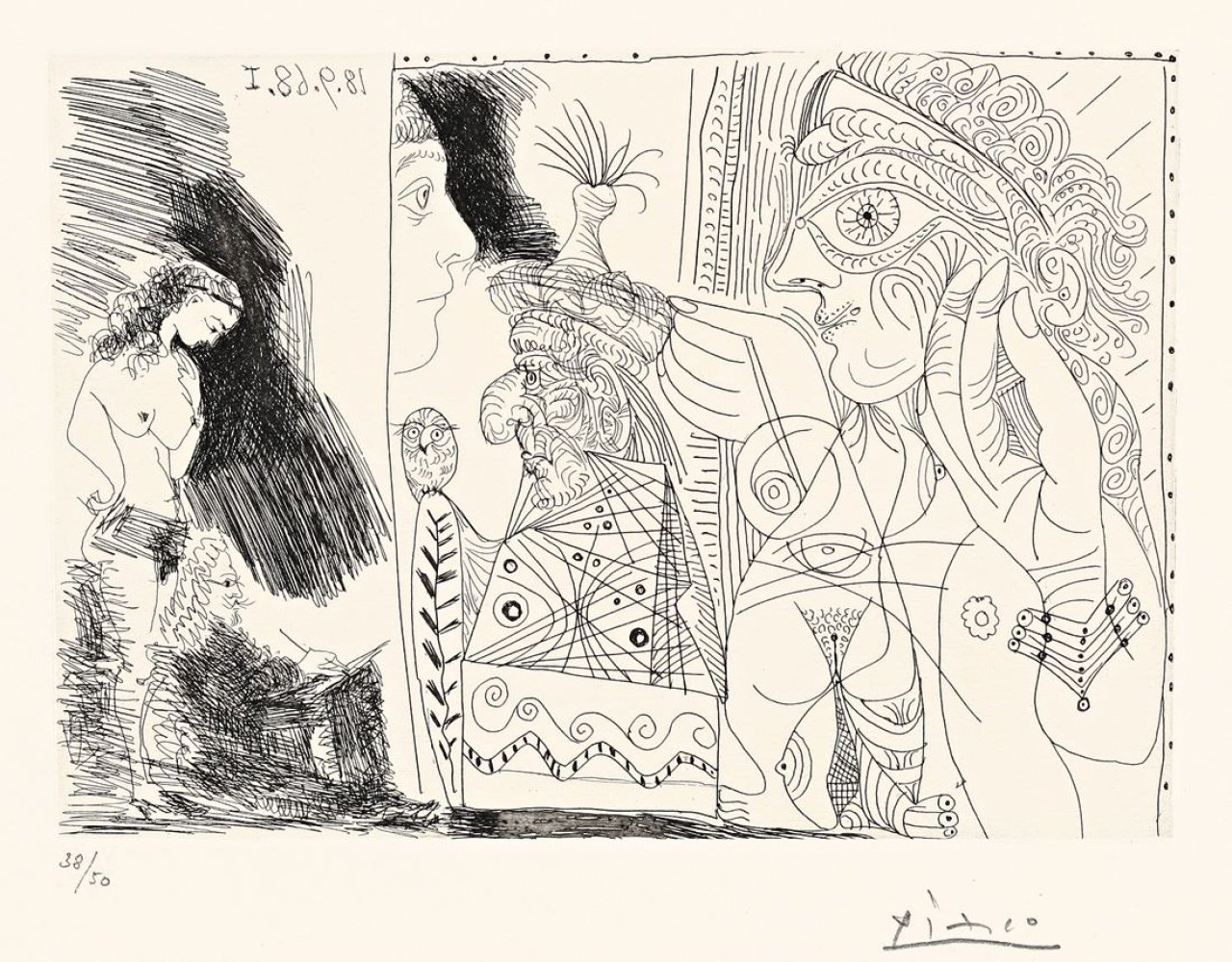 Auf diesem Bild ist das folgende Kunstwerk zu sehen: Pablo Picasso. „Ecrivain avec son égerie“. 1968.