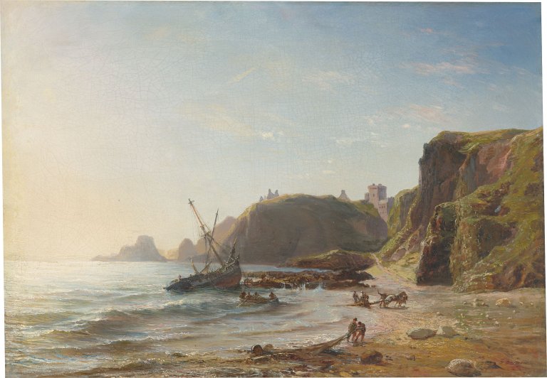 Auf diesem Bild ist das folgende Kunstwerk zu sehen: Théodore Gudin. Schiffbrüchige an einer Felsenküste.
