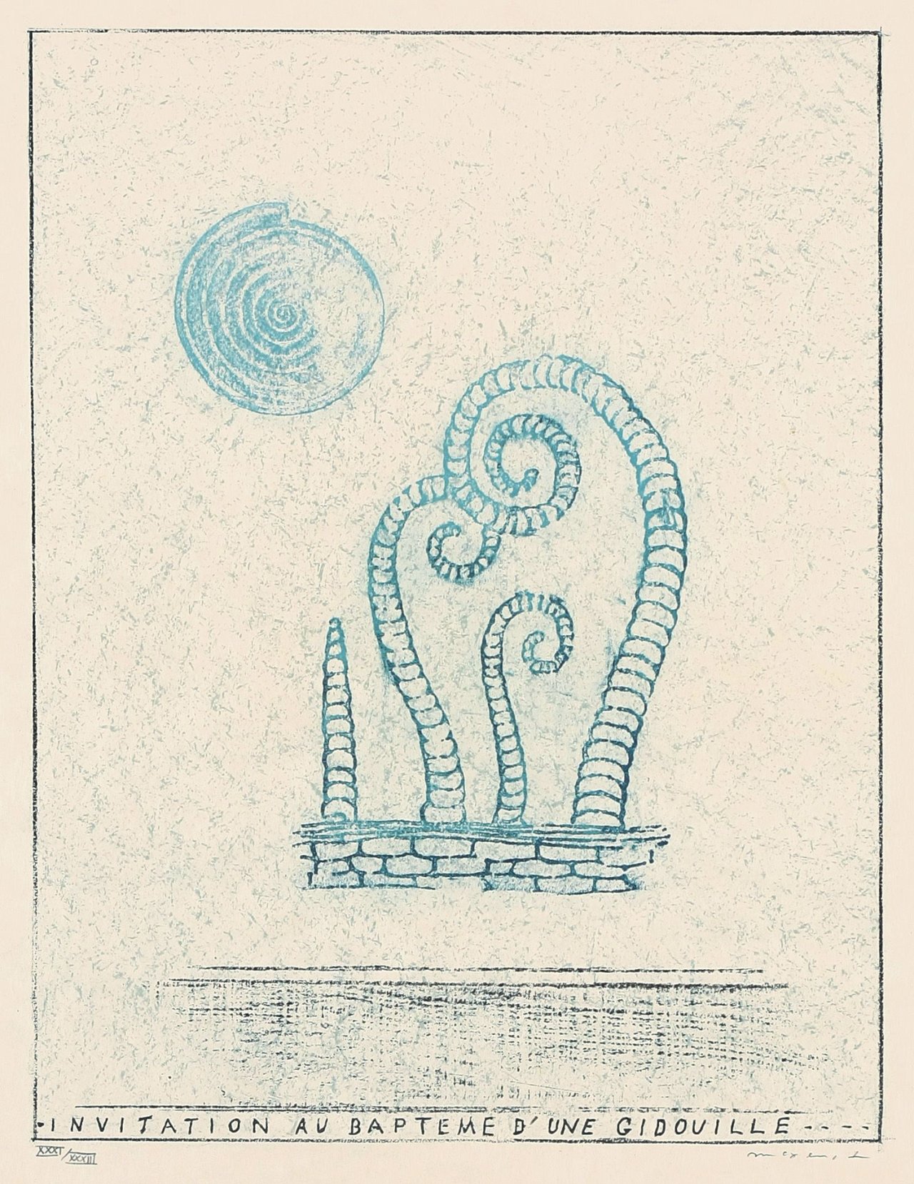 Auf diesem Bild ist das folgende Kunstwerk zu sehen: Max Ernst. „Invitation au Bapteme d'une Girdouille“ / „Va-t'en maudit-ours tu ressembles à Bordure“. 1971.