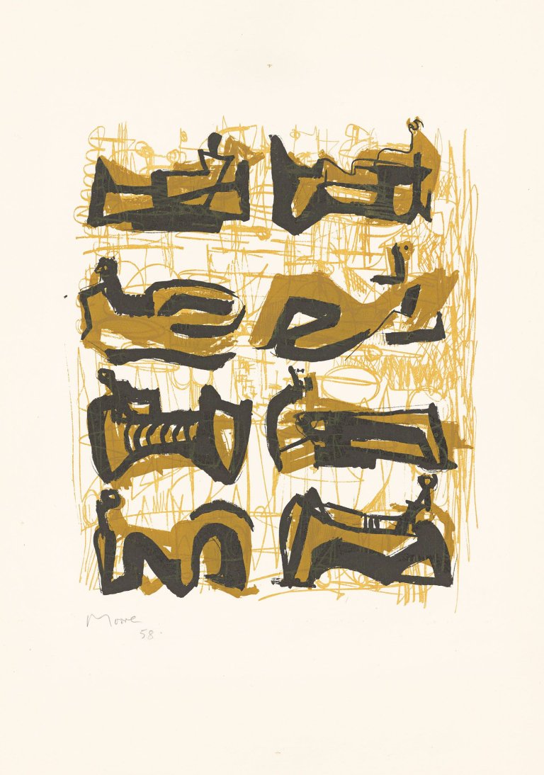 Auf diesem Bild ist das folgende Kunstwerk zu sehen: Henry Moore. „Eight reclining figures“ / „Thirteen standing figures“. Jeweils 1958.