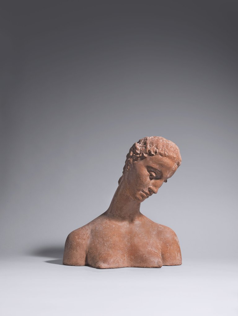 Auf diesem Bild ist das folgende Kunstwerk zu sehen: Wilhelm Lehmbruck. „Büste der Knienden (Geneigter Frauenkopf)“. 1912/14.