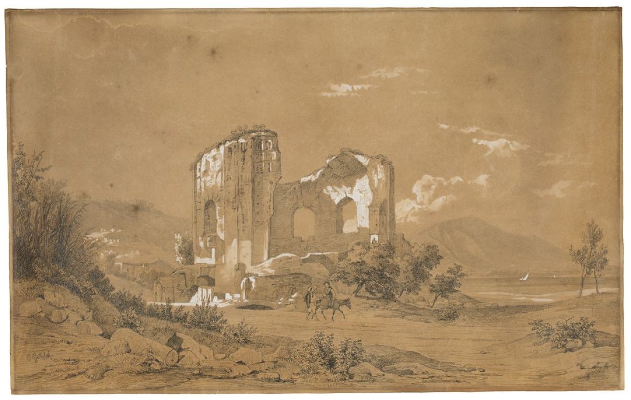 Auf diesem Bild ist das folgende Kunstwerk zu sehen: Carl Wilhelm Götzloff. Der Tempel der Diana am Golf von Pozzuoli.