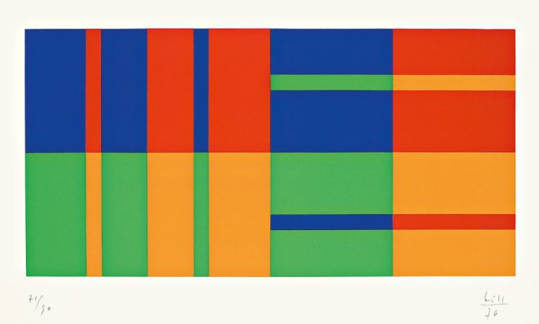 Auf diesem Bild ist das folgende Kunstwerk zu sehen: Max Bill. „rhytmus aus gleichen mengen“ / „gleiche farbquanten um drei achsen“. 1976.
