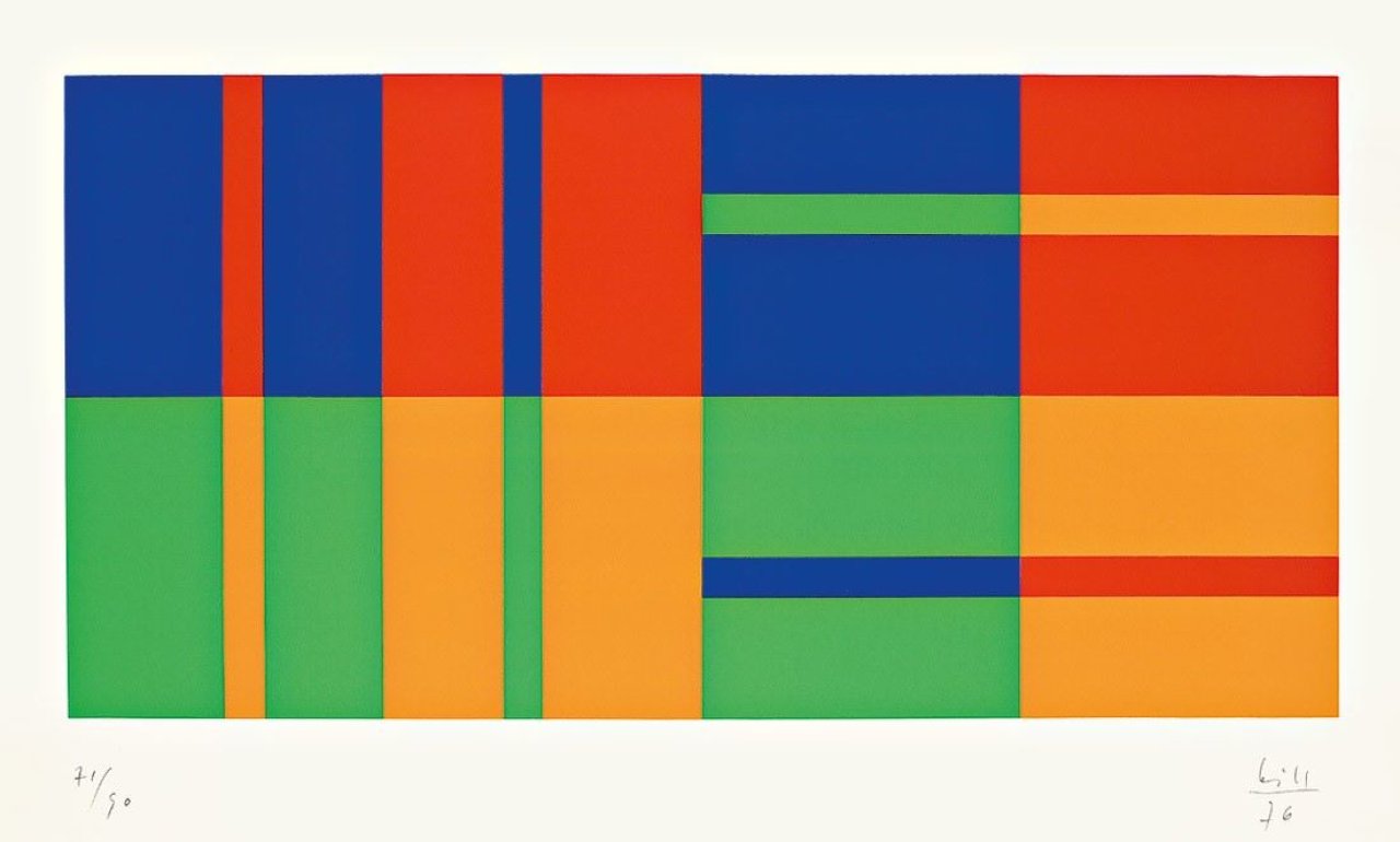 Auf diesem Bild ist das folgende Kunstwerk zu sehen: Max Bill. „rhytmus aus gleichen mengen“ / „gleiche farbquanten um drei achsen“. 1976.