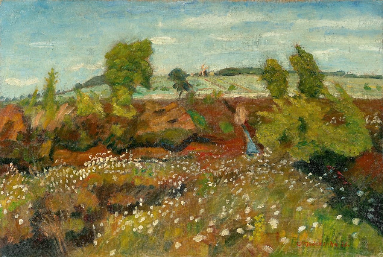 Auf diesem Bild ist das folgende Kunstwerk zu sehen: Otto Modersohn. „Wollgras im Quelkhorner Moor, mit Blick auf den Mühlenberg“. 1928.