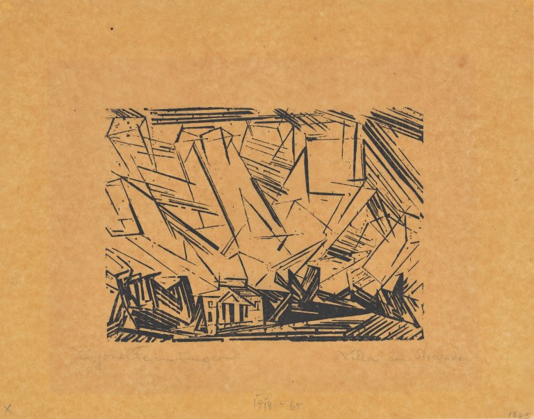 Auf diesem Bild ist das folgende Kunstwerk zu sehen: Lyonel Feininger. „Villa am Strande, 3“. 1918.