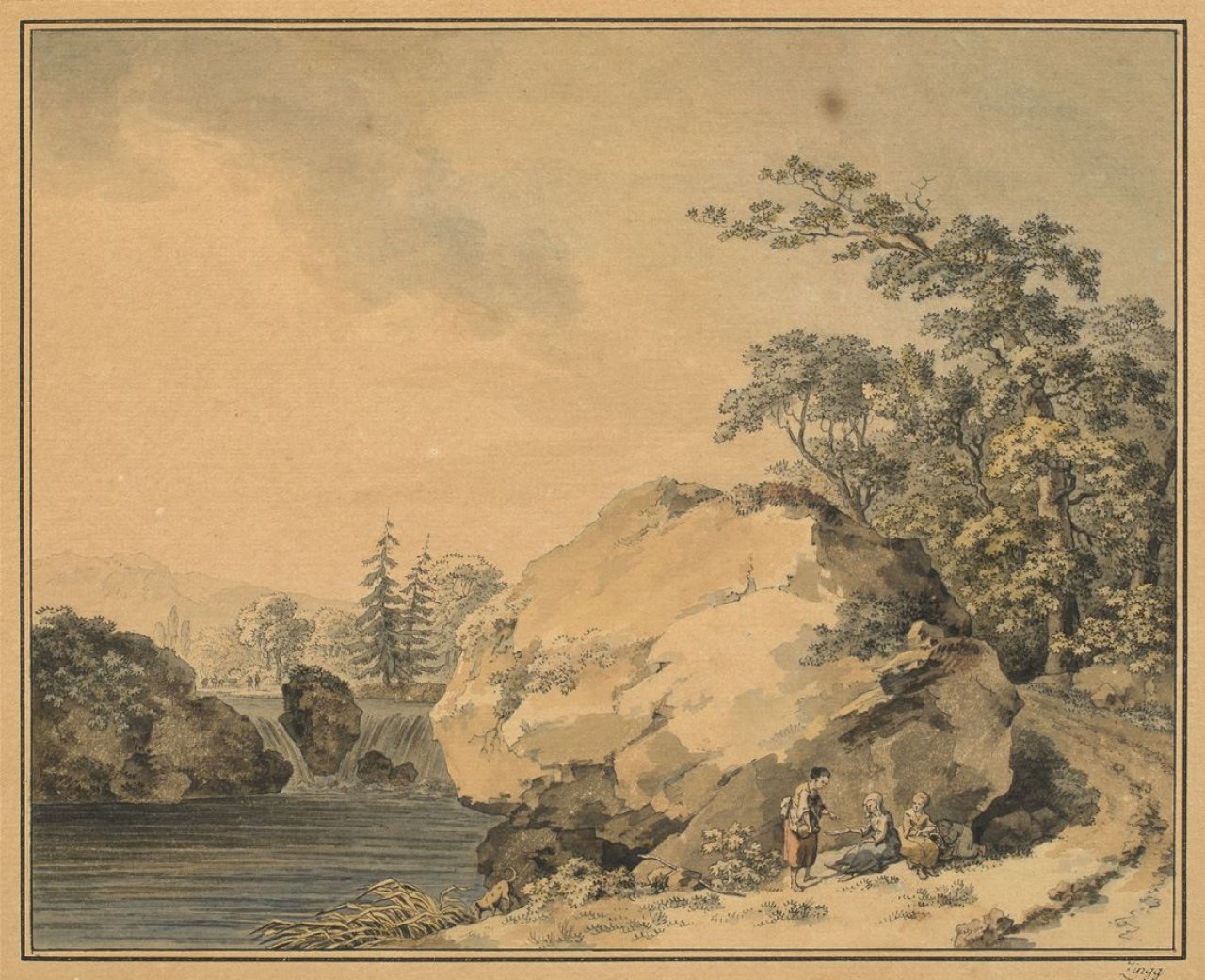 Auf diesem Bild ist das folgende Kunstwerk zu sehen: Adrian Zingg. Flußlandschaft mit Felsblock und Wasserfall. Um 1772.