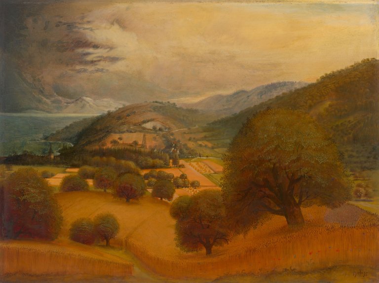 Auf diesem Bild ist das folgende Kunstwerk zu sehen: Otto Dix. „Kornfelder und Bäume bei Iznang“. 1938.