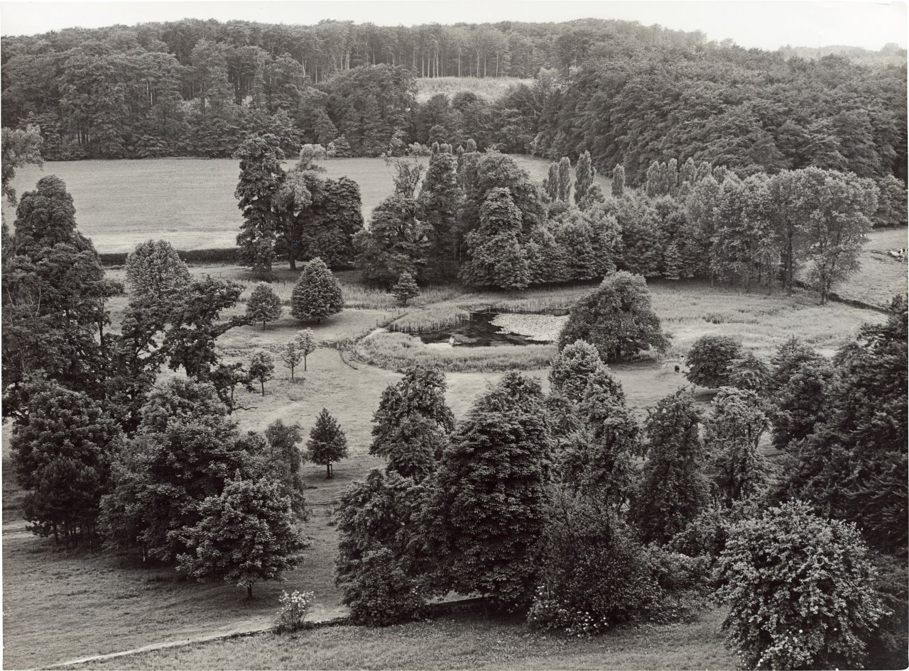 Auf diesem Bild ist das folgende Kunstwerk zu sehen: Albert Renger-Patzsch. „Schloss Cappenberg. Park v.[on] d.[er] Schlossterrasse aus gesehen“. 1949/50.
