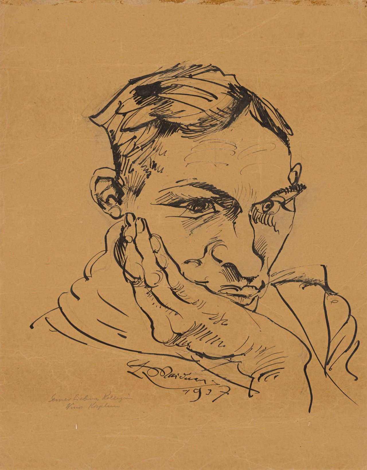 Auf diesem Bild ist das folgende Kunstwerk zu sehen: Ludwig Meidner. Porträt eines Mannes, das Kinn auf die Hand gestützt / Porträt eines bärtigen Mannes im Profil nach rechts. 1937.