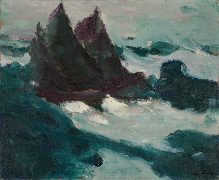 Auf diesem Bild ist das folgende Kunstwerk zu sehen: Emil Nolde. „Bewegte See II (Zwei Segler aneinander)“. 1914.