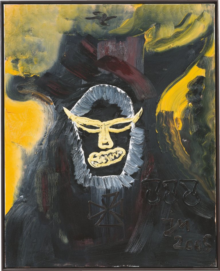 Auf diesem Bild ist das folgende Kunstwerk zu sehen: Jonathan Meese. „Der VERTEIDIGUNGSMINISTER „SKROKODILLYS“ im goldenen BURGVERLIEß der Skelettbreiigen, blau (Kokain XIII)“. 2005.