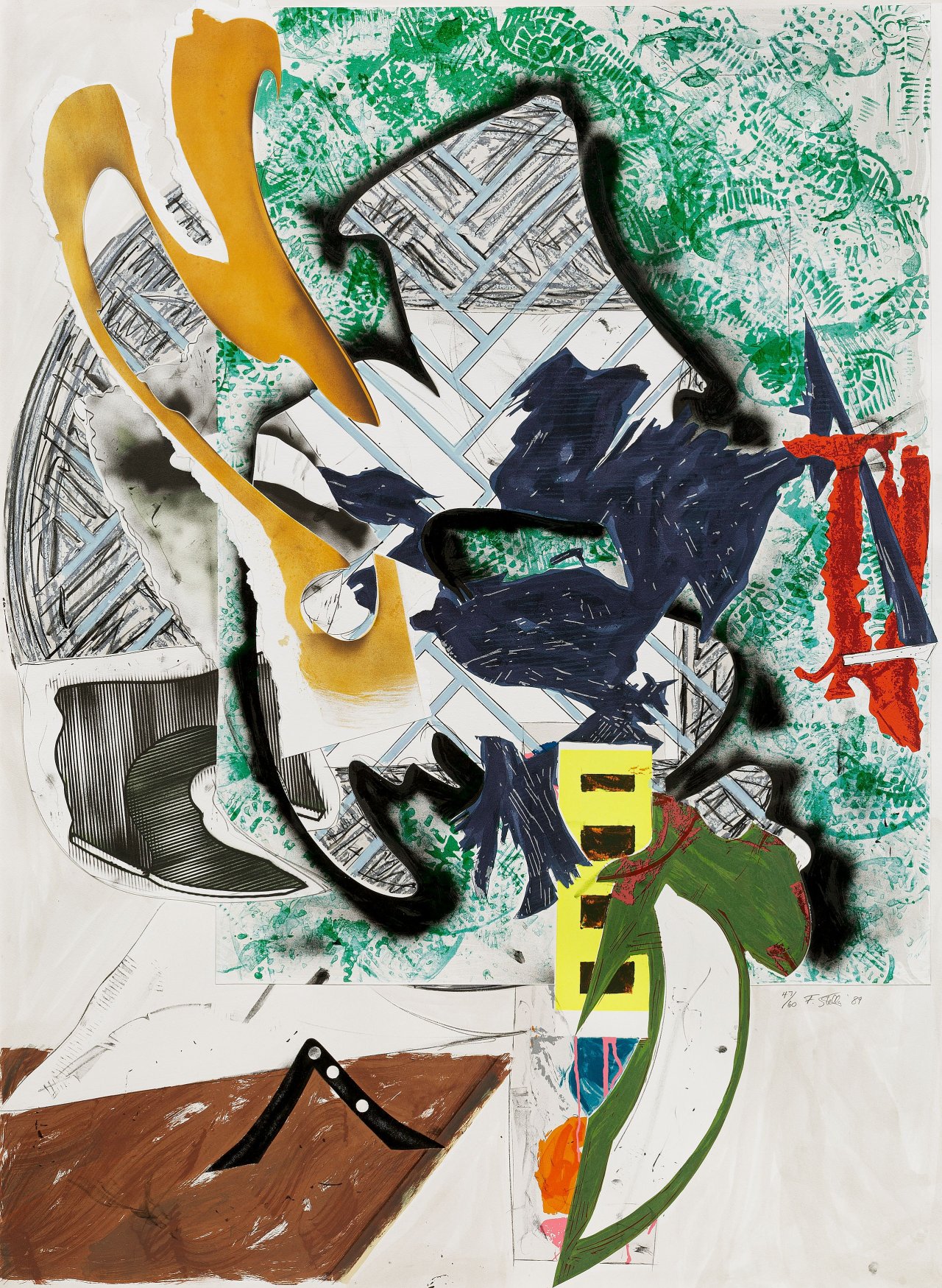 Auf diesem Bild ist das folgende Kunstwerk zu sehen: Frank Stella. „Ahab's Leg“, aus der Serie: „The Waves“. 1989.