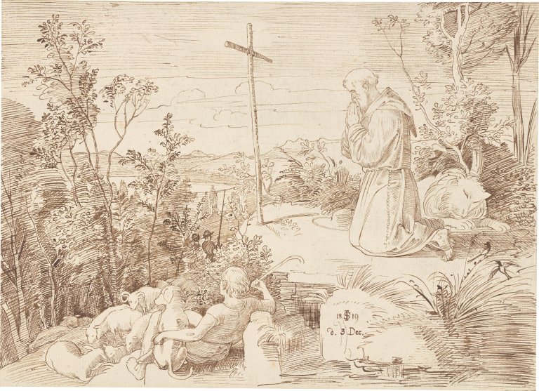 Auf diesem Bild ist das folgende Kunstwerk zu sehen: Julius Schnorr von Carolsfeld. „Der heilige Hieronymus vor einem Holzkreuz betend“. 1819.