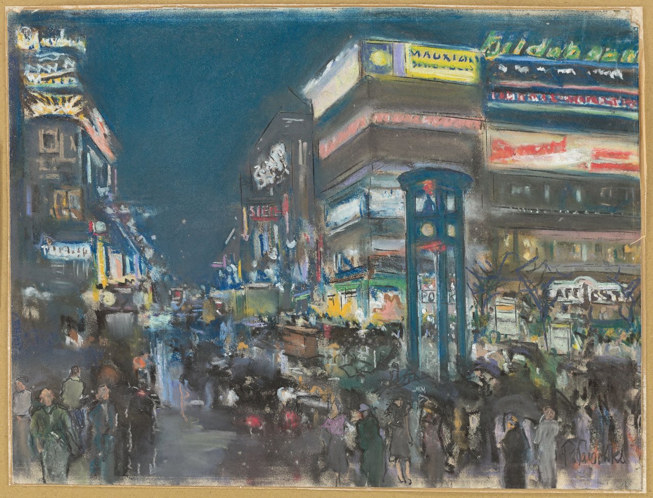 Auf diesem Bild ist das folgende Kunstwerk zu sehen: Paul Paeschke. Der Potsdamer Platz bei Nacht. Um 1929.