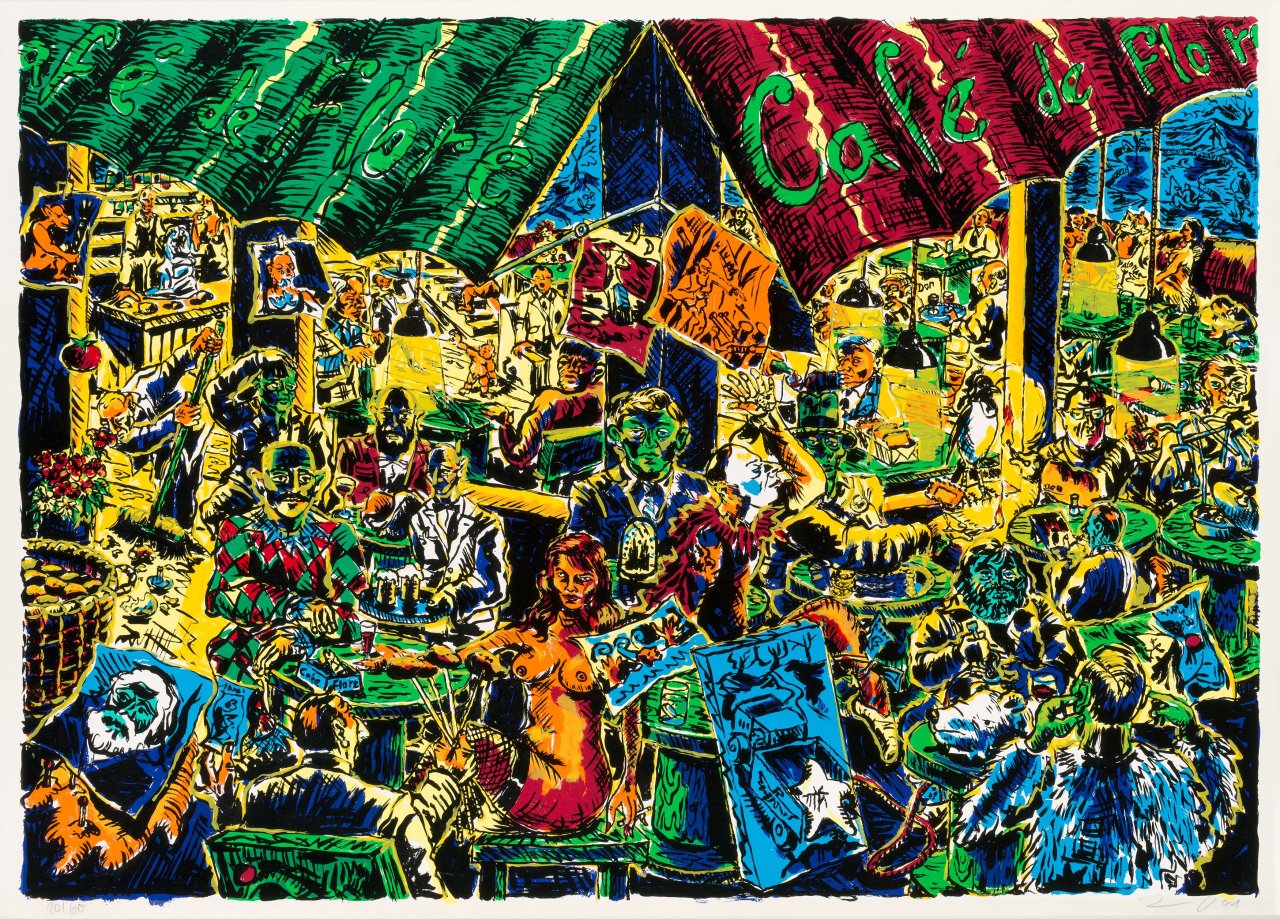 Auf diesem Bild ist das folgende Kunstwerk zu sehen: Jörg Immendorff. „Cafè de Flore“. 1991.