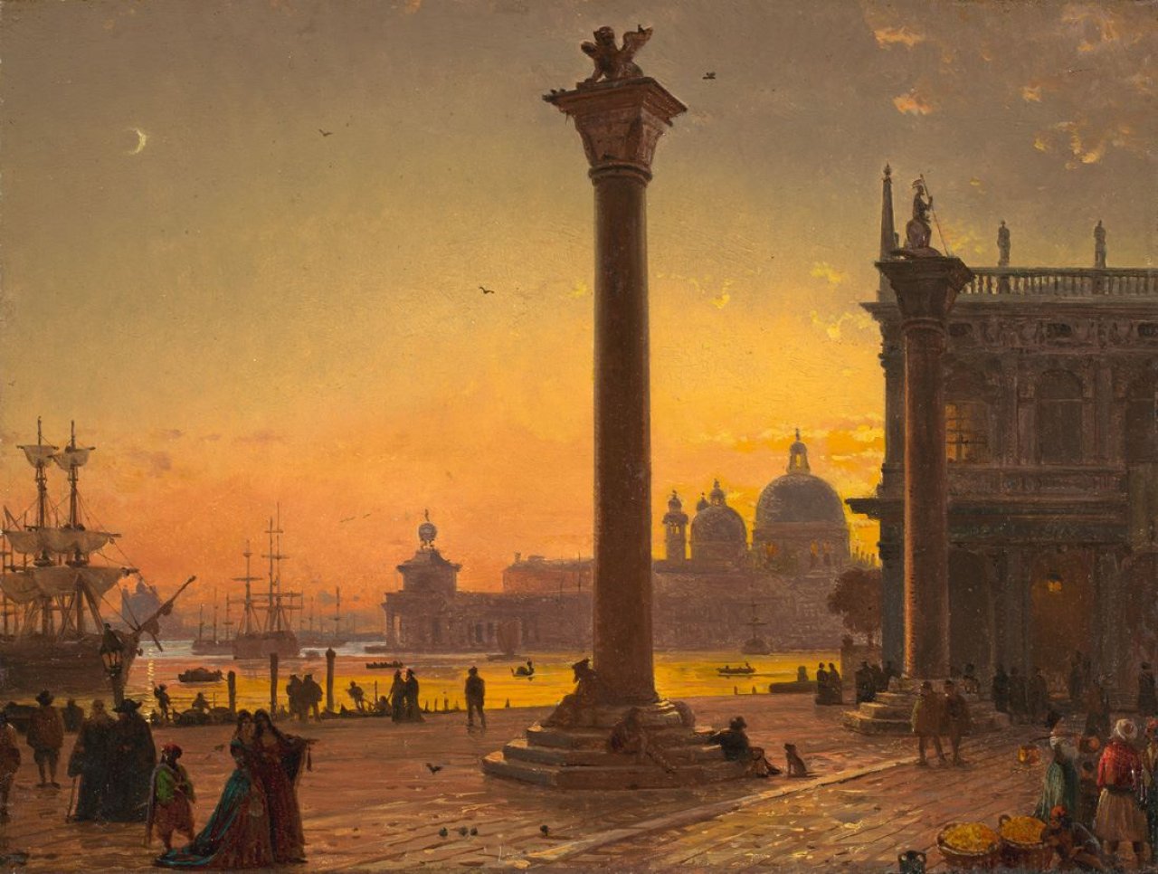 Auf diesem Bild ist das folgende Kunstwerk zu sehen: Friedrich Nerly d. Ä.. „Blick vom Dogenpalast in Venedig auf die Löwensäule und die Kirche Santa Maria della Salute im Abendlicht“. Um 1860.