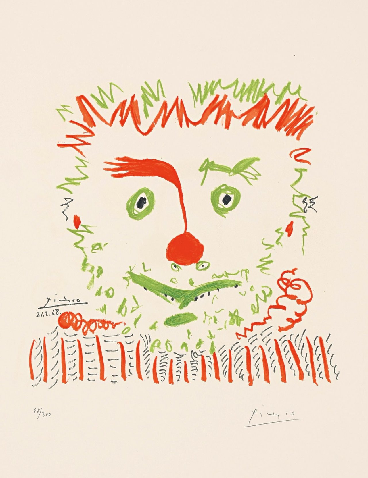 Auf diesem Bild ist das folgende Kunstwerk zu sehen: Nach Pablo Picasso. Le Clown. 1968.