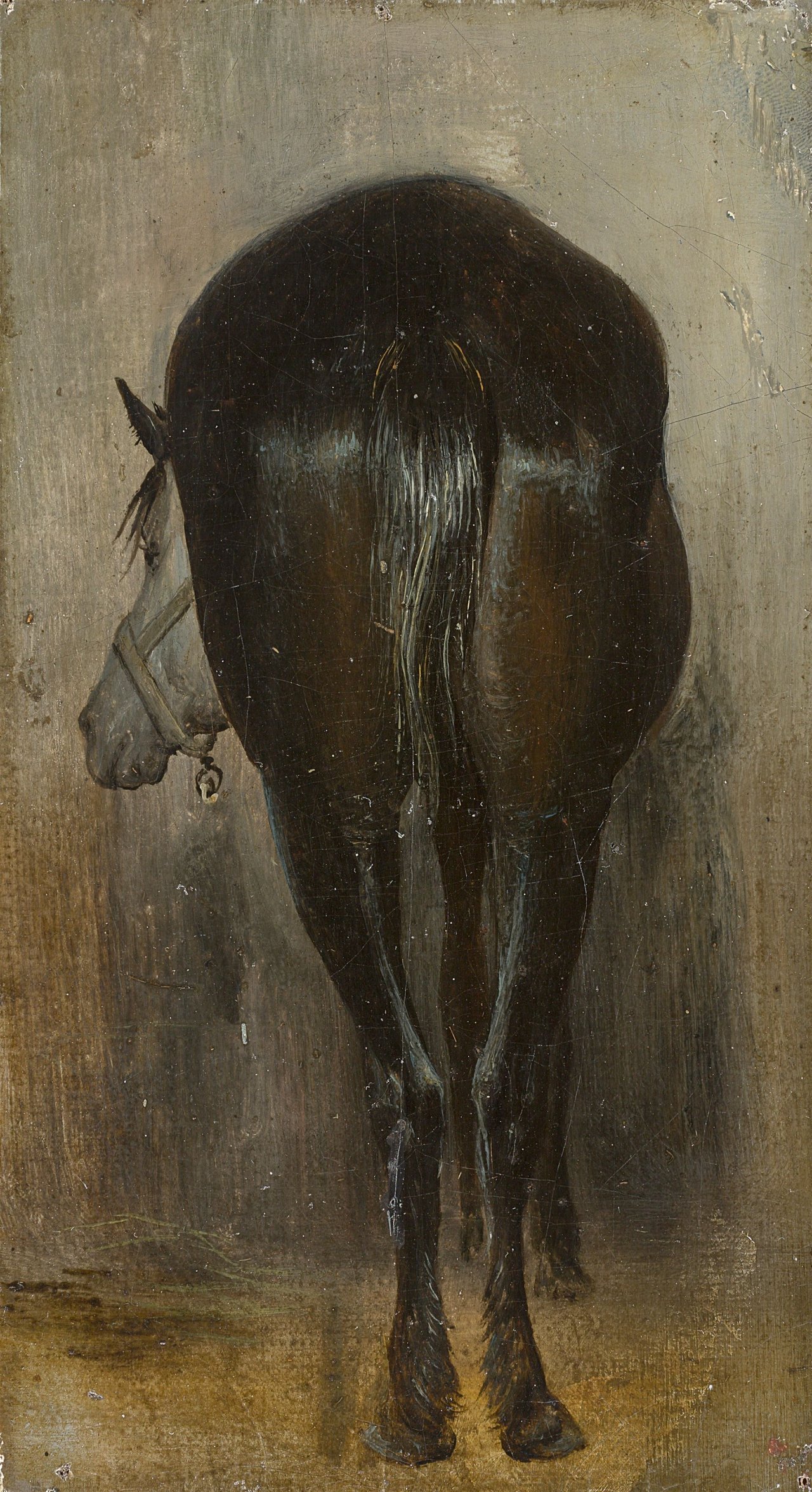 Auf diesem Bild ist das folgende Kunstwerk zu sehen:  Französisch, um 1840. Rückenansicht eines Pferdes.