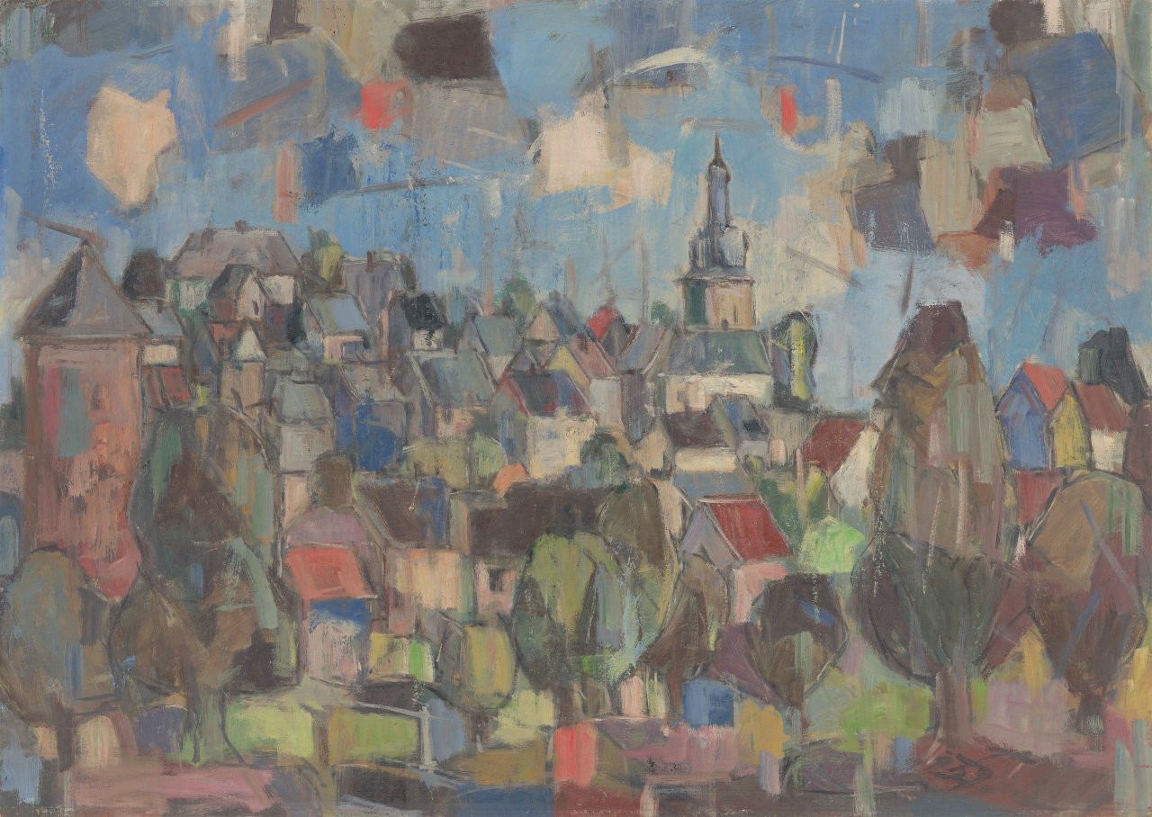 Auf diesem Bild ist das folgende Kunstwerk zu sehen: Eberhard Viegener. „Arnsberg mit Glockenturm“. 1959.