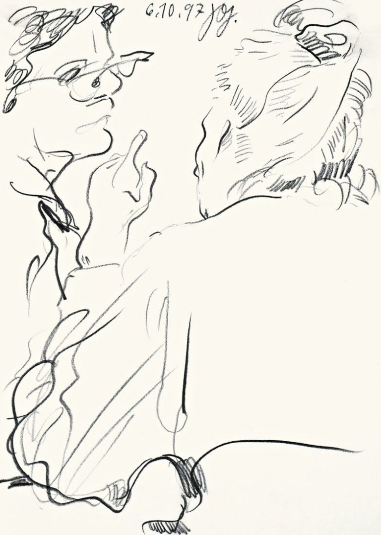 Auf diesem Bild ist das folgende Kunstwerk zu sehen: Johannes Grützke. Wirtshaus-Scene. 1997.