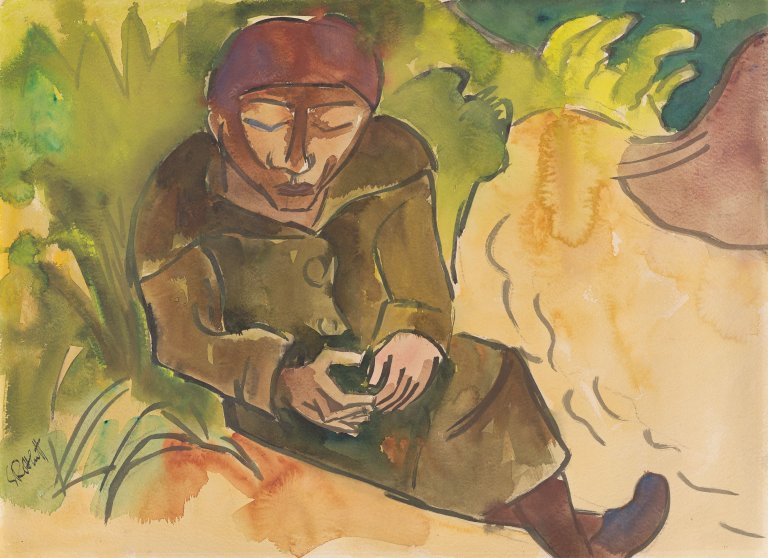 Auf diesem Bild ist das folgende Kunstwerk zu sehen: Karl Schmidt-Rottluff. Sitzende Frau in den Dünen. 1926.