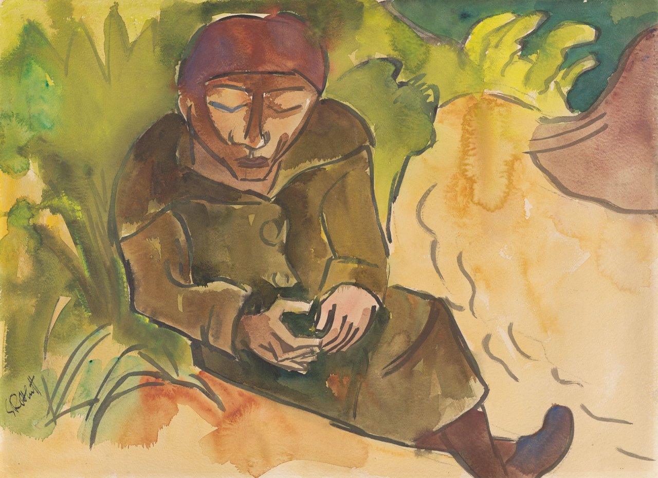 Auf diesem Bild ist das folgende Kunstwerk zu sehen: Karl Schmidt-Rottluff. Sitzende Frau in den Dünen. 1926.