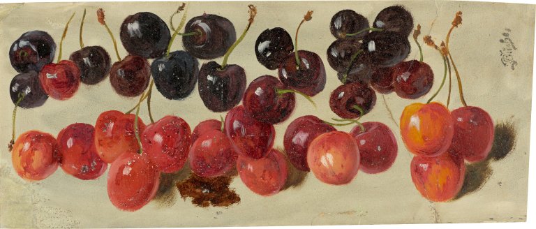 Auf diesem Bild ist das folgende Kunstwerk zu sehen:  Deutsch, um 1850. Kirschen.