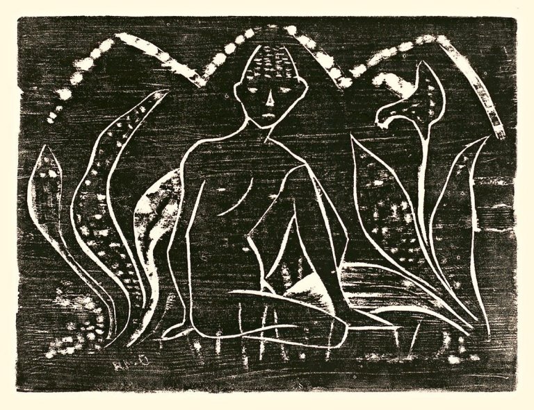 Auf diesem Bild ist das folgende Kunstwerk zu sehen: Otto Mueller. „Knabe zwischen Blattpflanzen“. 1912.