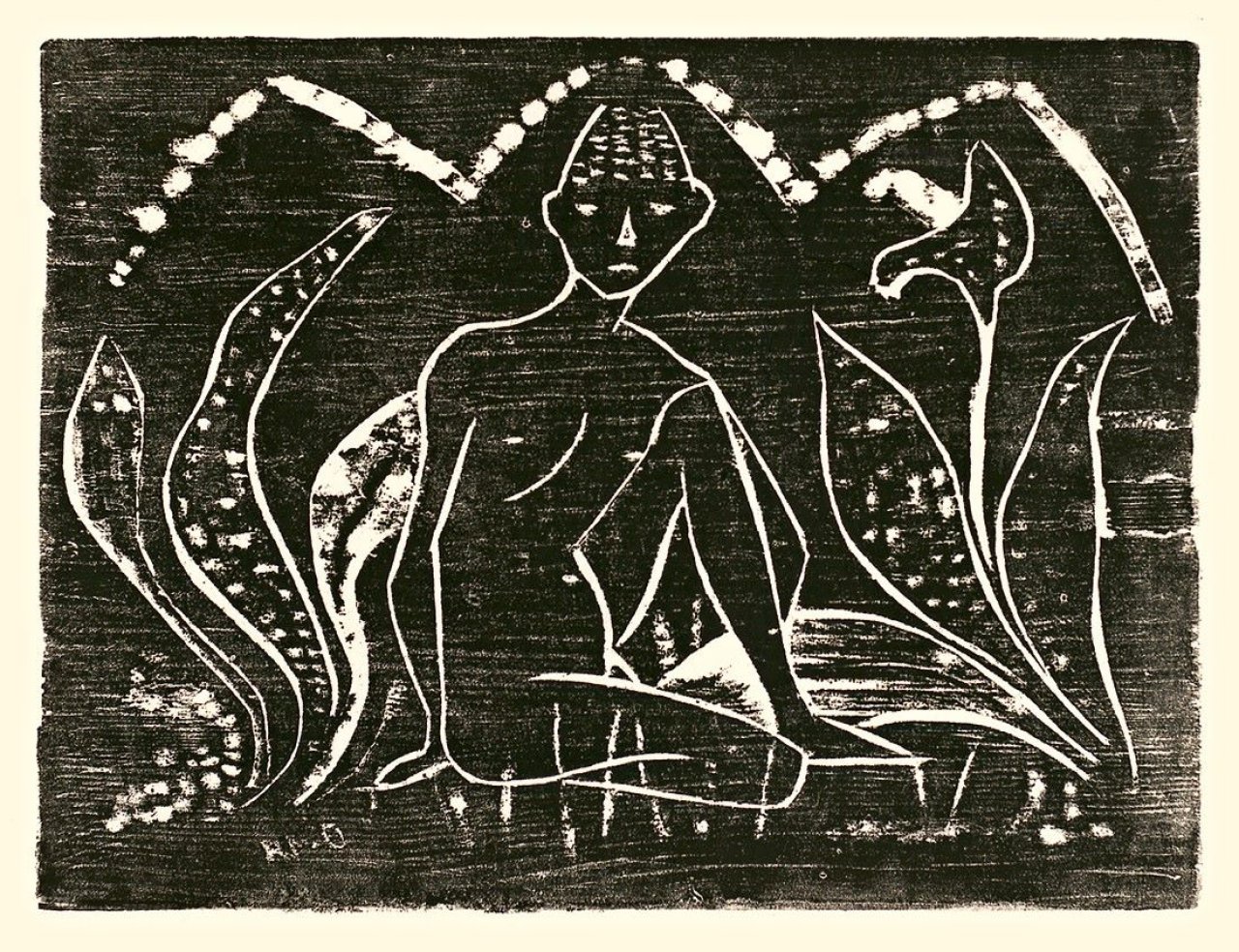 Auf diesem Bild ist das folgende Kunstwerk zu sehen: Otto Mueller. „Knabe zwischen Blattpflanzen“. 1912.