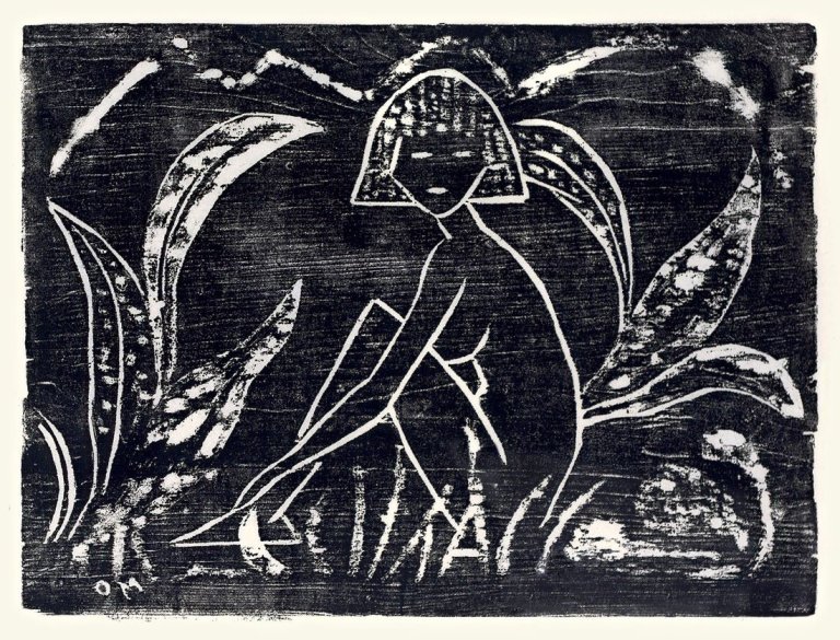 Auf diesem Bild ist das folgende Kunstwerk zu sehen: Otto Mueller. „Mädchen zwischen Blattpflanzen“. 1912.