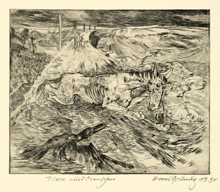 This picture shows the following artwork: Hans Grundig. „Gefallenes Pferd”/„Aufstehendes Pferd”/„Räuber”. 1934/1935/1936.