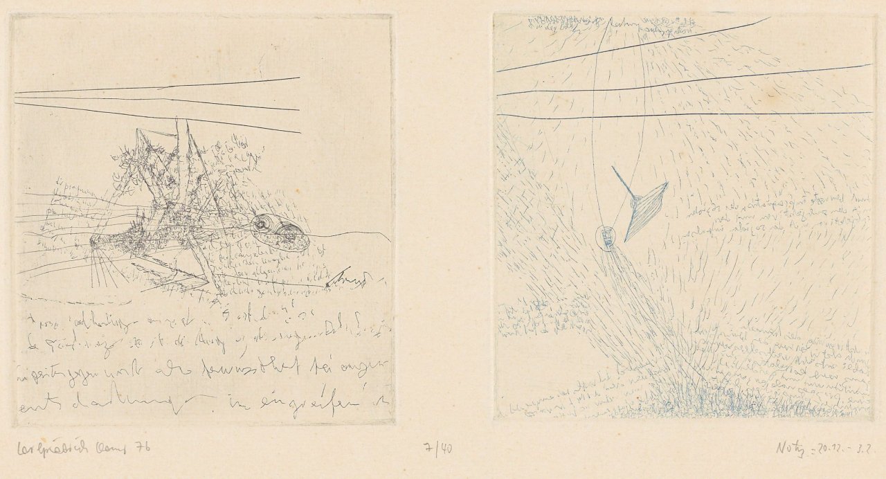 Auf diesem Bild ist das folgende Kunstwerk zu sehen: Carlfriedrich Claus. „Notiz = 20.12. - 3.2. - Politpsychologische Reflexion: Eingreifen“. 1976/77 / 1978.