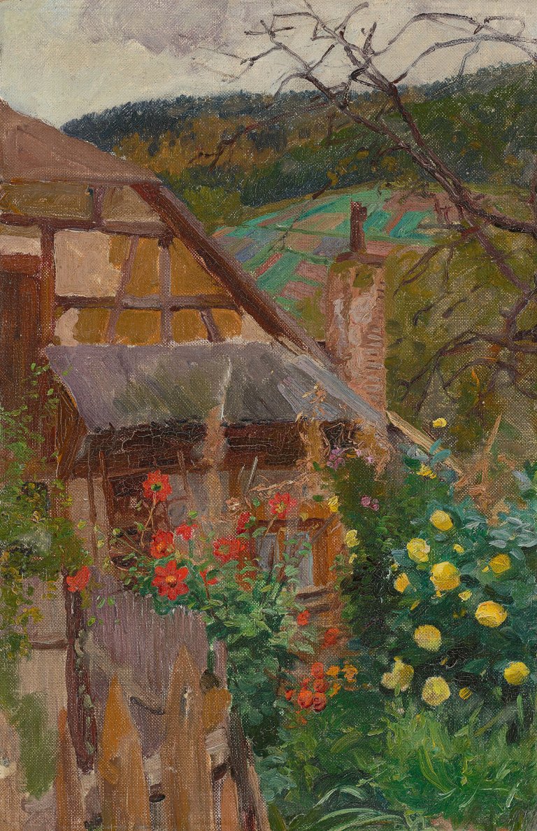 Auf diesem Bild ist das folgende Kunstwerk zu sehen: Friedrich Kallmorgen. Blühende Blumen in einem ländlichen Garten.
