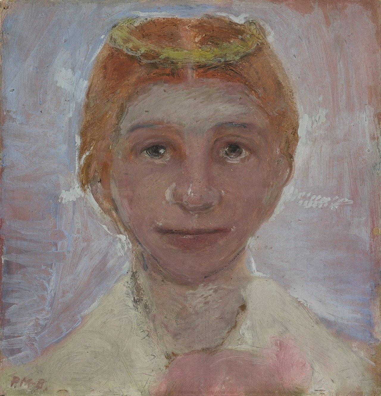 Auf diesem Bild ist das folgende Kunstwerk zu sehen: Paula Modersohn-Becker. „Selbstbildnis mit gelbem Kranz“. Um 1901.
