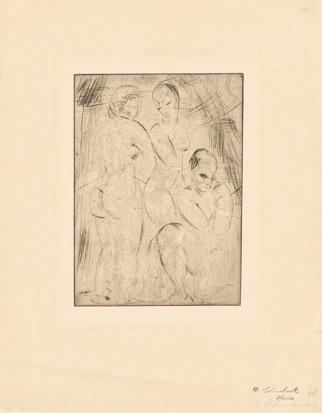 Auf diesem Bild ist das folgende Kunstwerk zu sehen: Wilhelm Lehmbruck. „Drei Frauen, zwei stehend, eine knieend“. 1914.